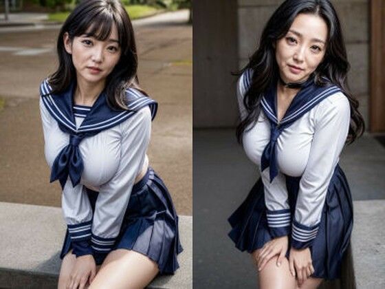 30代/40代/50代で普通乳〜巨乳サイズのセーラー服を着た黒髪熟女人妻の着衣おっぱい＆胸の谷間「リアル・実写系」写真集d_457997
