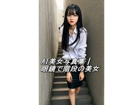 AI美女写真集┃眼鏡で階段の美女d_587589