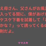 ねえ母さん、父さんがお風呂に入ってる間に、僕があげたスケスケ下着を試着して「どうかな？」って誘ってくるのは反則だよ。