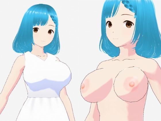 白いワンピースにシアン色の髪の巨乳お姉さん(セリフなし 3DCGモデル イラスト集)