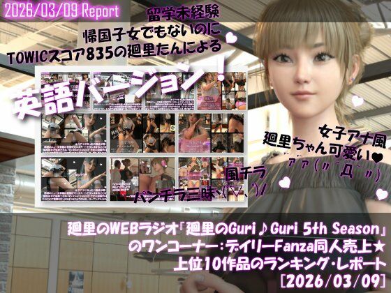 【▲20】英語★廻里の自撮りWEBラジオ『廻里のGuriGuri（グリグリ）5thシーズン』のワンコーナー:デイリーFanza同人売上★上位10作品のランキング・レポート［2026/03/09］